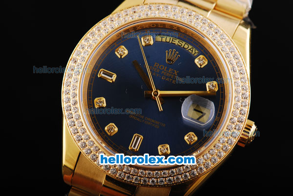 Rolex Day-Date II Automatic Movement Full Gold with Double Row Diamond Bezel-Blue Dial and Diamond Markers - Click Image to Close